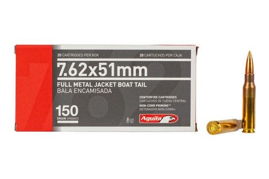 Aguila 762 NATO FMJ BT ammunition features a 150 grain bullet